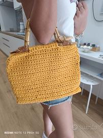 borsa uncinetto con manico in bambù 