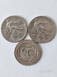 Lotto 3 monete 20 Cent. Regno d'Italia 1914/18/21