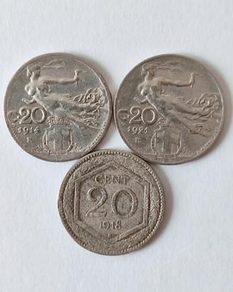 Lotto 3 monete 20 Cent. Regno d'Italia 1914/18/21