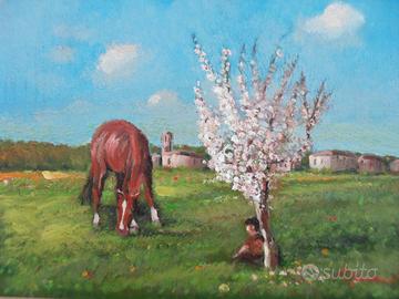 dipinto ad olio "Cavallo al pascolo"
