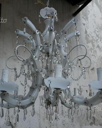 Lampadario a 8 luci a vetri opalina vintage
