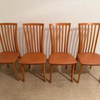 4 sedie design in legno + seduta pelle cuoio