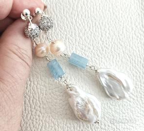 Orecchini in argento 925, perle e acquamarina nat.