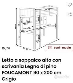 Letto a soppalco alto con scrivania 