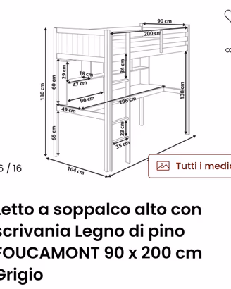 Letto a soppalco alto con scrivania 