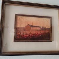 Dipinto cascina al tramonto firmato 42x52