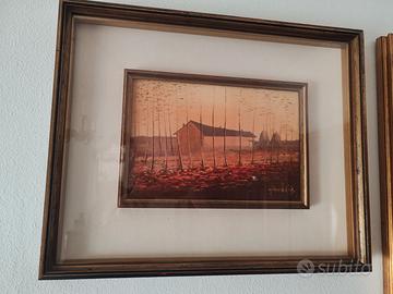 Dipinto cascina al tramonto firmato 42x52