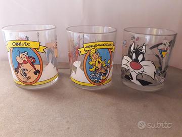 3 BICCHIERI DA ACQUA IN VETRO CON IMMAGINI CARTONI