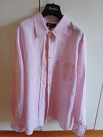 Camicia donna in lino rosa a righe bianche