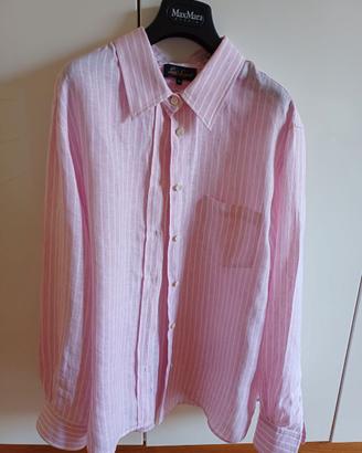 Camicia donna in lino rosa a righe bianche