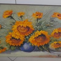 Quadro legno Girasoli in vaso blu
