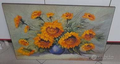 Quadro legno Girasoli in vaso blu