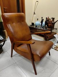 Poltrona pelle e legno massello Vintage Anni 60/70