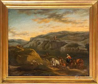 Antico dipinto olio su tela Paesaggio con figure e