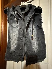 gilet smanicato jeans nero con cappuccio