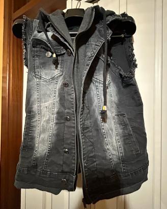 gilet smanicato jeans nero con cappuccio