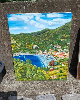 tela 50x60 pittura a olio panorama Bonassola