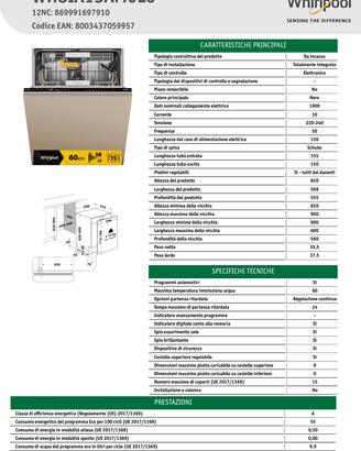 LAVASTOVIGLIE INCASSO WHIRLPOOL MOD. WH8IA15AM6L0