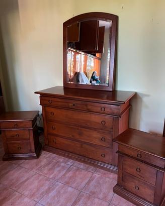 Comò con Specchiera + 2 Comodini in Legno Massello