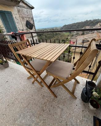 Tavolino pieghevole da balcone in legno + 2 sedie