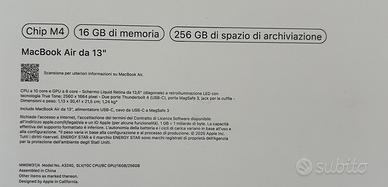 MACBOOK AIR 13 M4 16GB DI MEM 256GB SSD