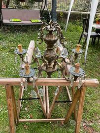 Lampadario a 5 bracci ottone e cristallo