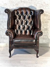 Poltrona Queen Anne inglese vintage in pelle