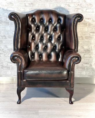 Poltrona Queen Anne inglese vintage in pelle