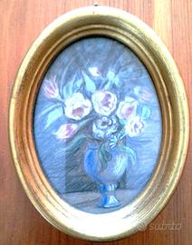 PITTURA FLOREALE TEMPERA MONTATA IN CORNICE OVALE