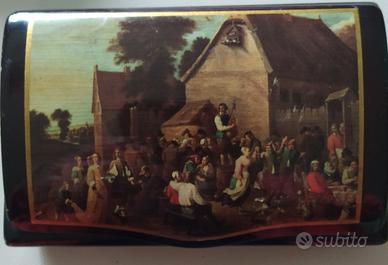 Scatola vintage laccata con scena rustica