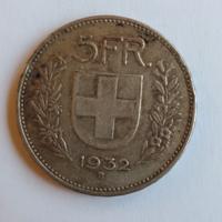 SVIZZERA HELVETHIA SUISSE 5 FRANCHI 1932 ARGENTO 