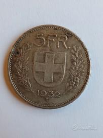 SVIZZERA HELVETHIA SUISSE 5 FRANCHI 1932 ARGENTO 