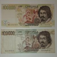 13# Banconote 100000 lire Caravaggio I  e II tipo.