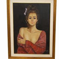 Dipinto a olio raffigurante ritratto femminile