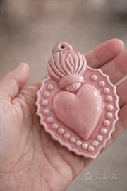 Cuore Sacro in ceramica, rosa, 12cm