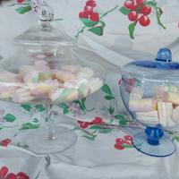 2 PORTACARAMELLE IN VETRO SOFFIATO AZZ.E TRASPAR.