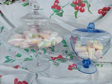 2 PORTACARAMELLE IN VETRO SOFFIATO AZZ.E TRASPAR.