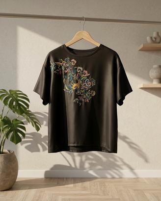 Zara, t-shirt, ricamo, floreale, nera, L