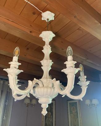 Lampadario Vintage in Ceramica Bianca - 5 Luci -