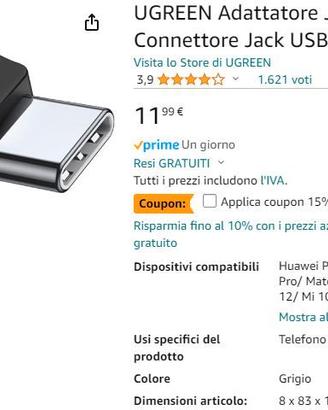 UGREEN Adattatore Jack Audio 3,5 mm a USB C 90 Gra