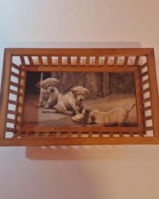 Vassoio Vintage in Legno con Decoro Cuccioli