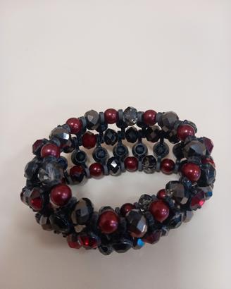 bracciale con perle rosse e cristalli neri elastic