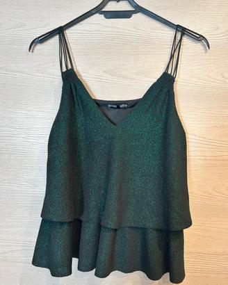 Top Zara lucido verde smeraldo con volant