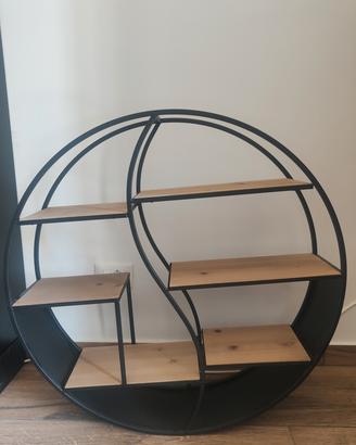 Libreria sospesa rotonda metallo nero e rovere