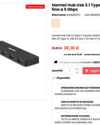 Hub USB C Hamlet 3.1 4 porte 20 PEZZI NUOVO