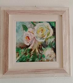 Piccolo dipinto ad olio con rose fatto a mano.