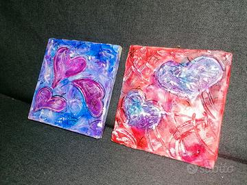 Coppia di Quadri Astratti "Cuori Materici" 