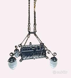 Lampadario Vintage in Ferro Battuto con Paralumi