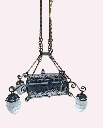 Lampadario Vintage in Ferro Battuto con Paralumi