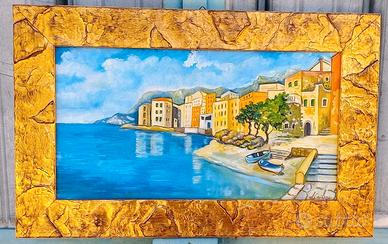 Quadro con paesaggio Amalfitano dipinto a mano.